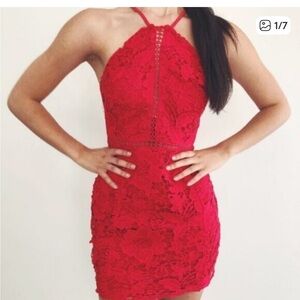 UO Lace High-Neck Red Mini Dress Size XS